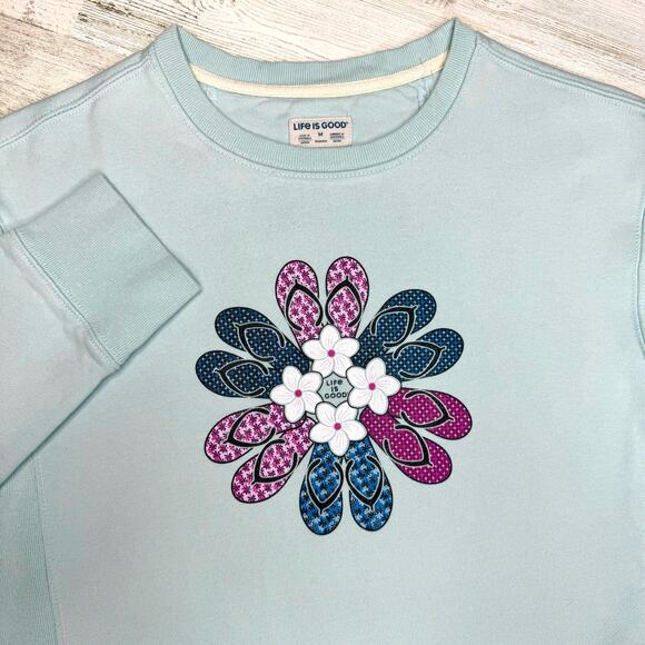 Life is Good Crewneck Graphic Sweatshirt Sz M Blue Daisy Flip-Flop Fleece Cotton - Picture 2 of 10